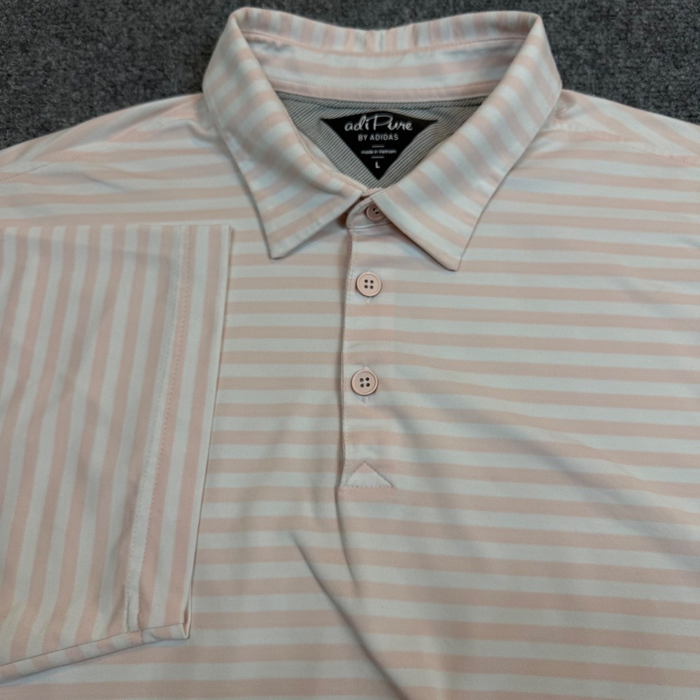 AdiPure by Adidas Mens Striped Golf Polo Shirt Pink White The Crosby Logo L